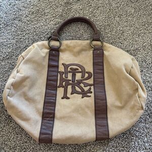 Vintage Rugby Ralph Lauren Khaki Canvas & Leather Small Duffle Tote Bag Monogram